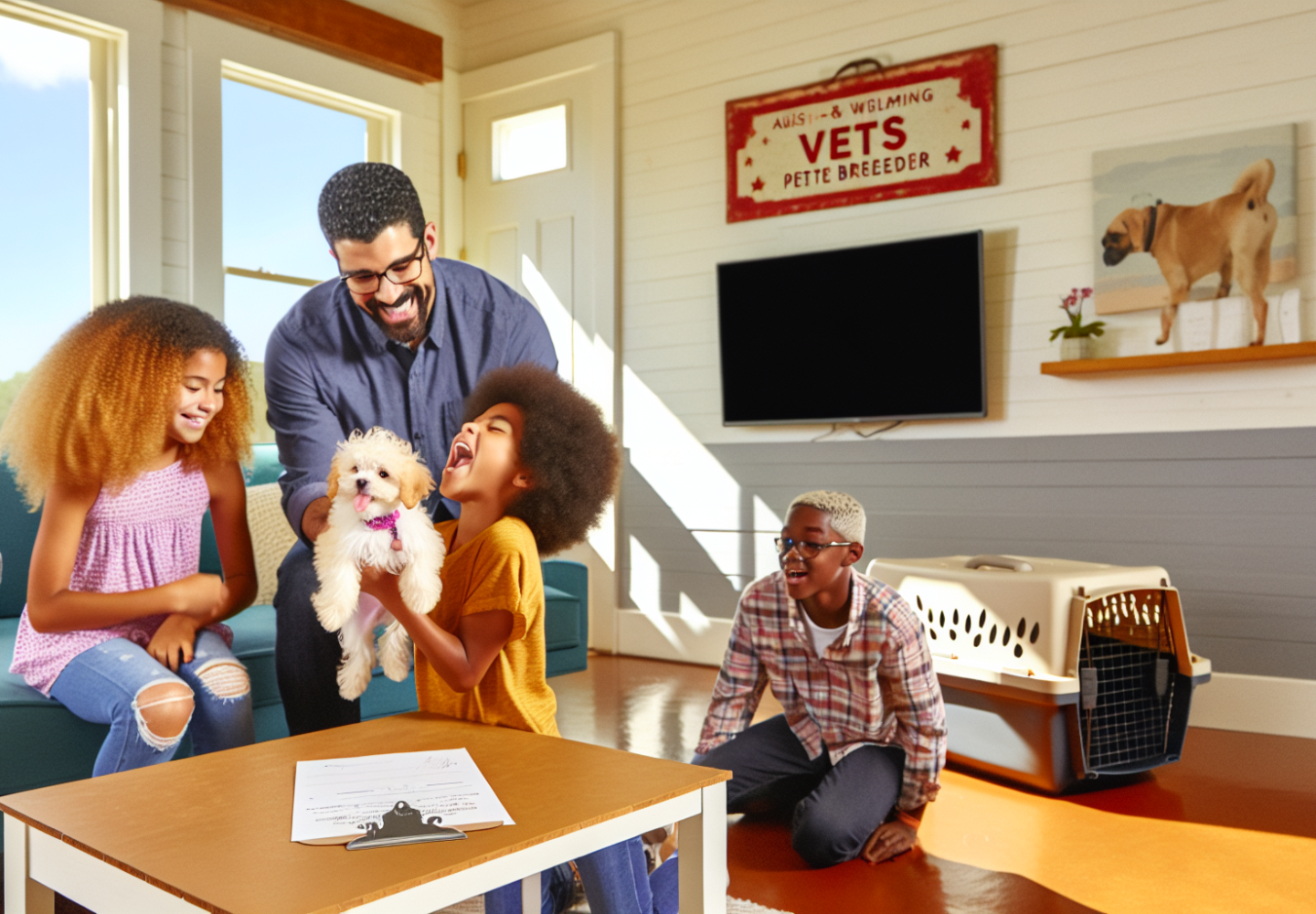 A happy family in a cozy home in Austin, Texas, joyfully interacting with a teacup Maltipoo puppy.