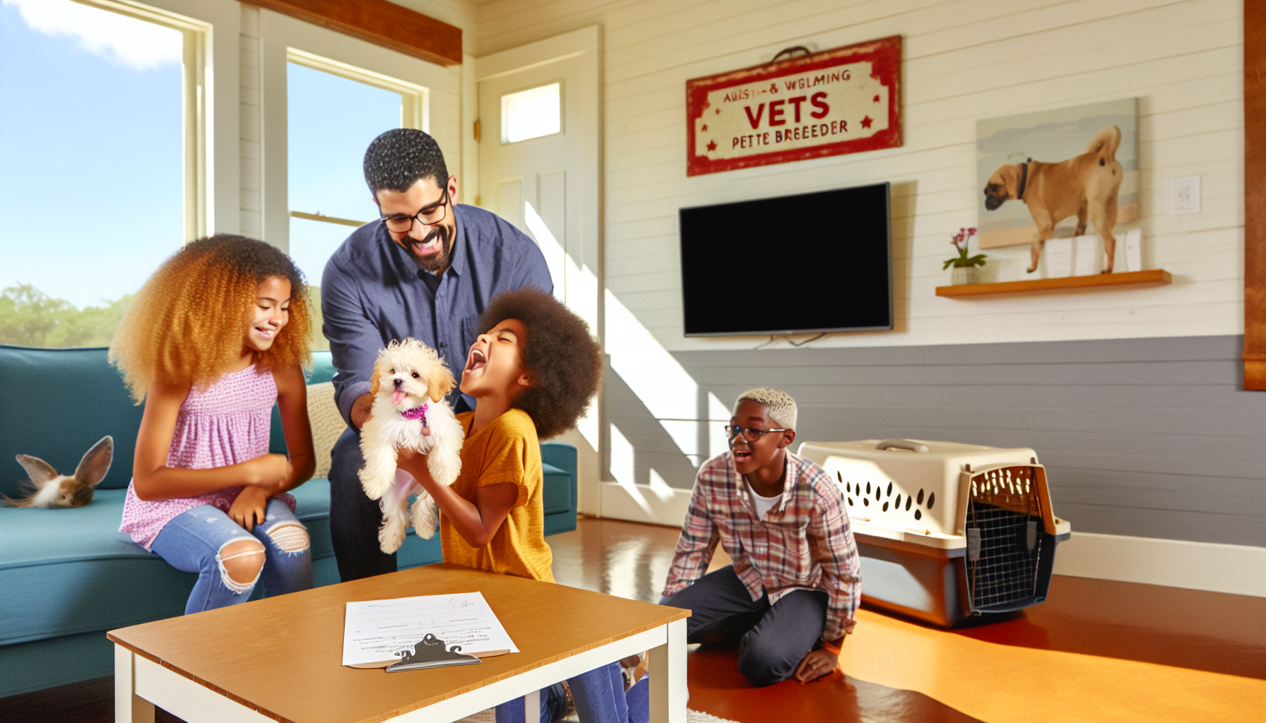 A happy family in a cozy home in Austin, Texas, joyfully interacting with a teacup Maltipoo puppy.